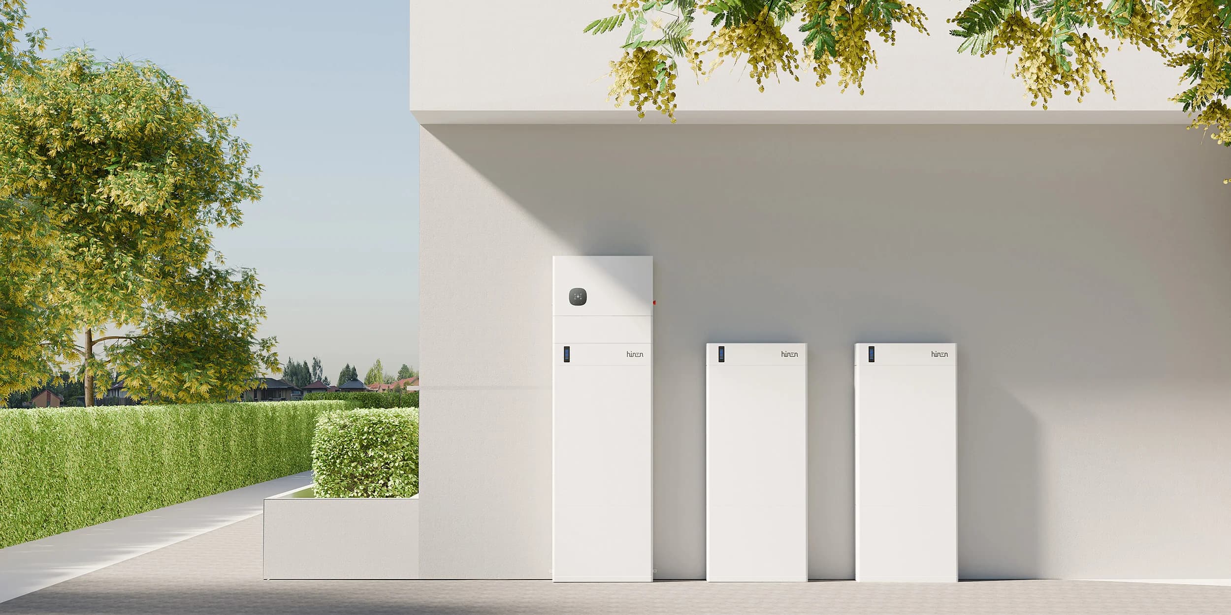 Hinen A Series batteries installed on a garden wall