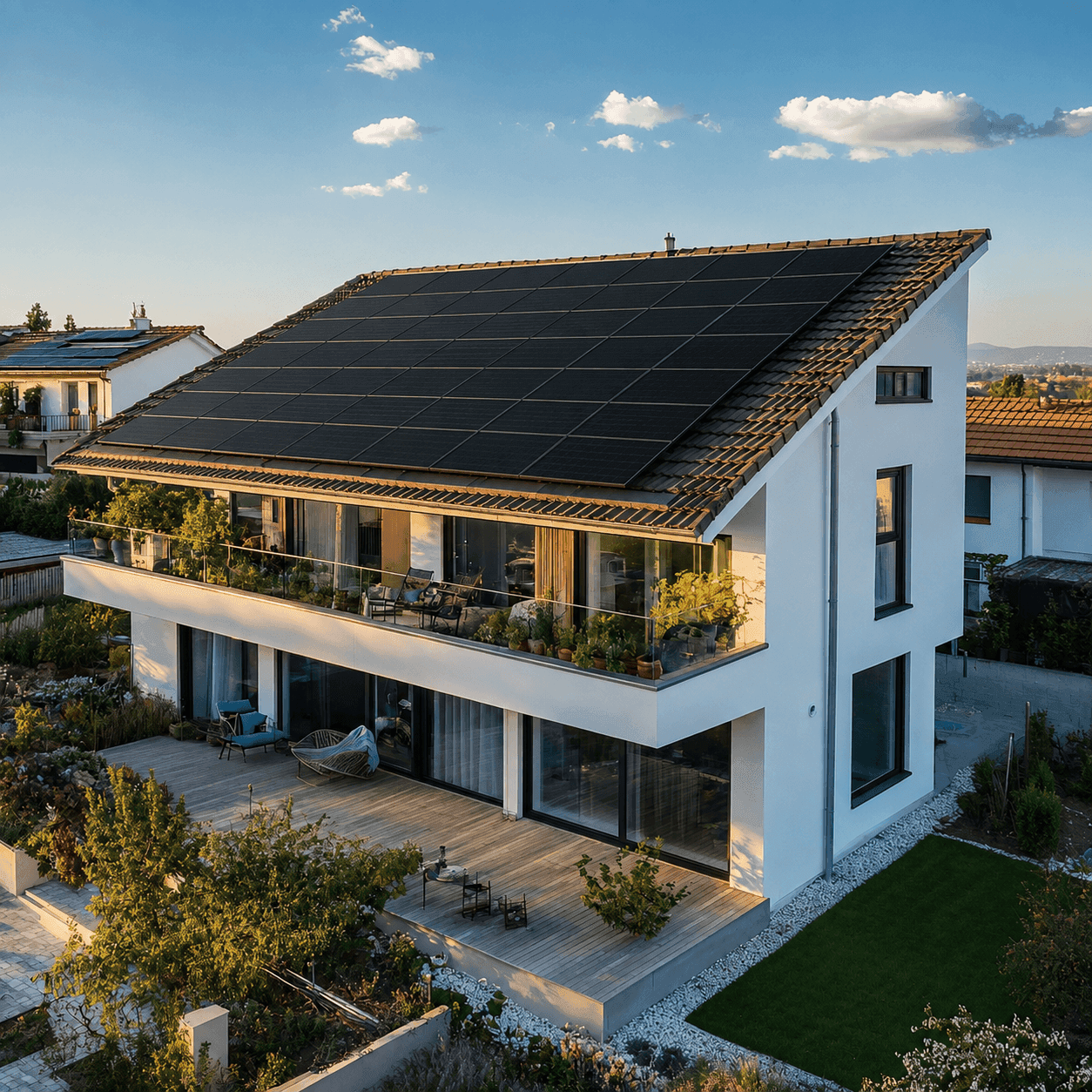 Modern house with solar panels on the roof